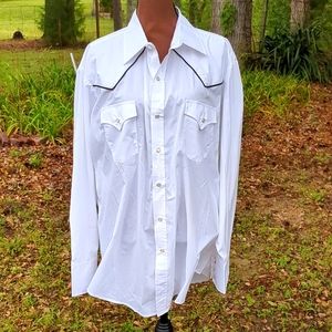 Eli Cattleman White Open Collar Snap Button-Down Closure w/ Black Piping LS Shir